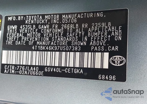 2007 Toyota Camry Xle V6 from USA, damaged, VIN 4T1BK46K97U507383